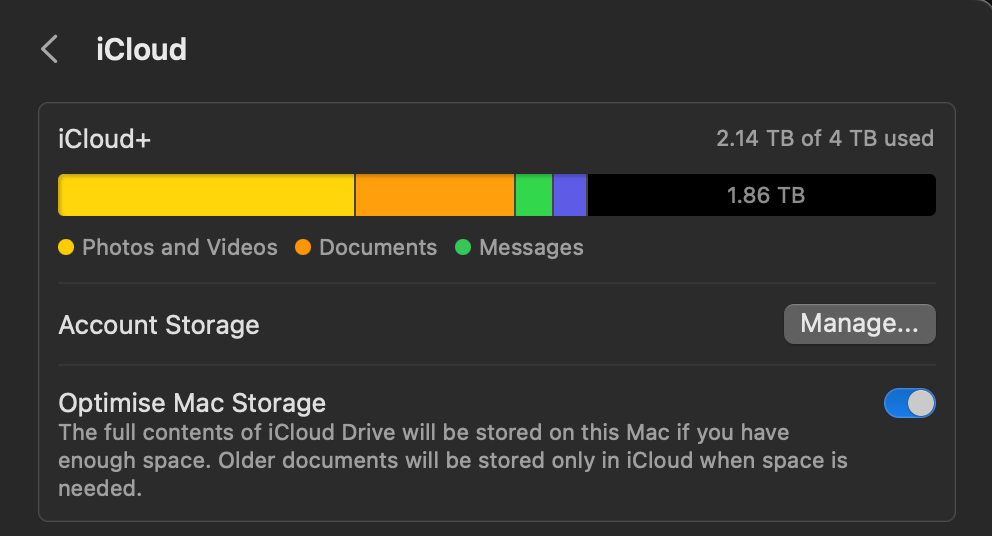 A screenshot showing my iCloud storage in System Settings, 2.14TB out of 4TB are used.