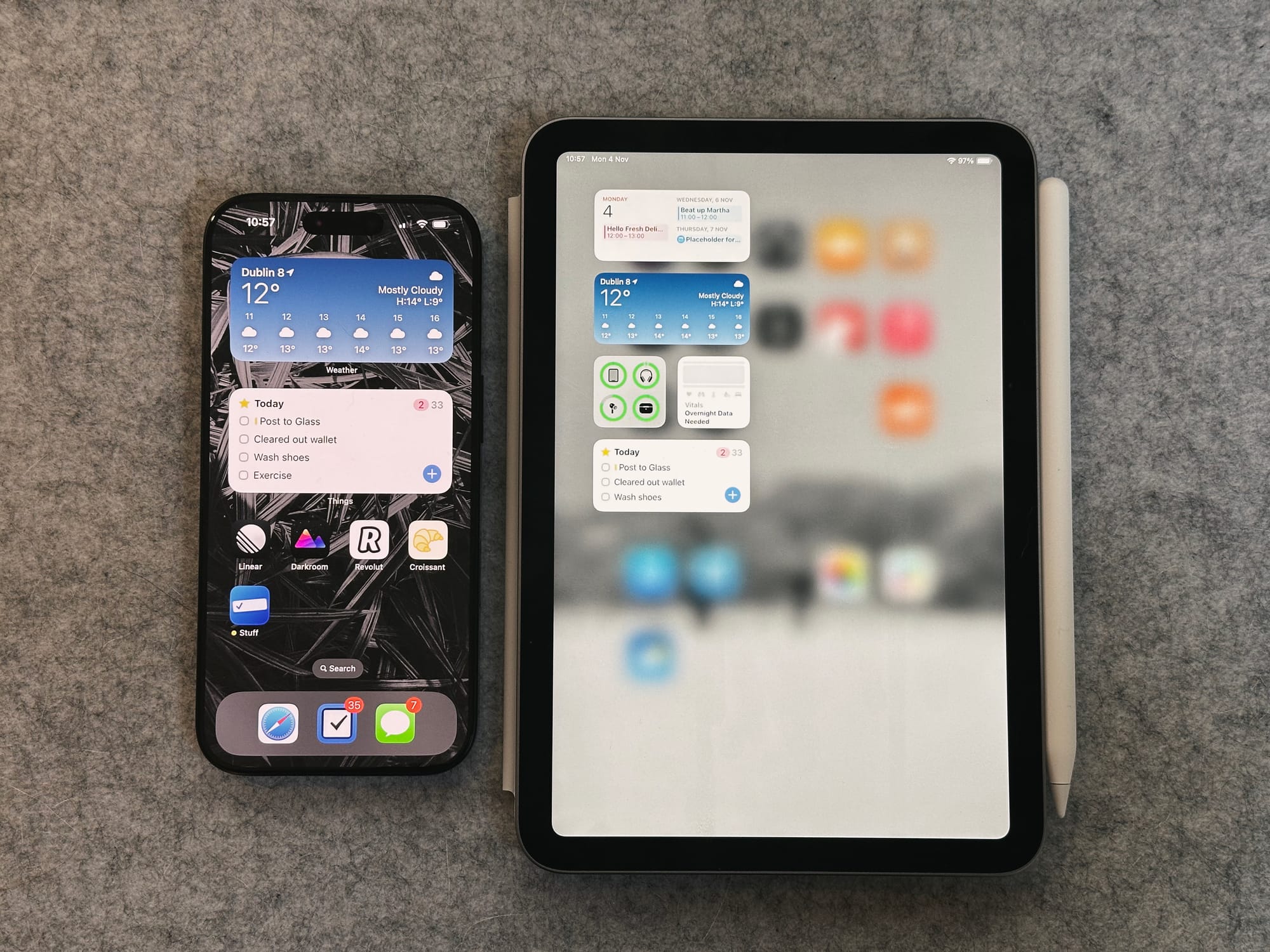 My phone and iPad mini side by side, demonstrating how absurdly small the widgets are.